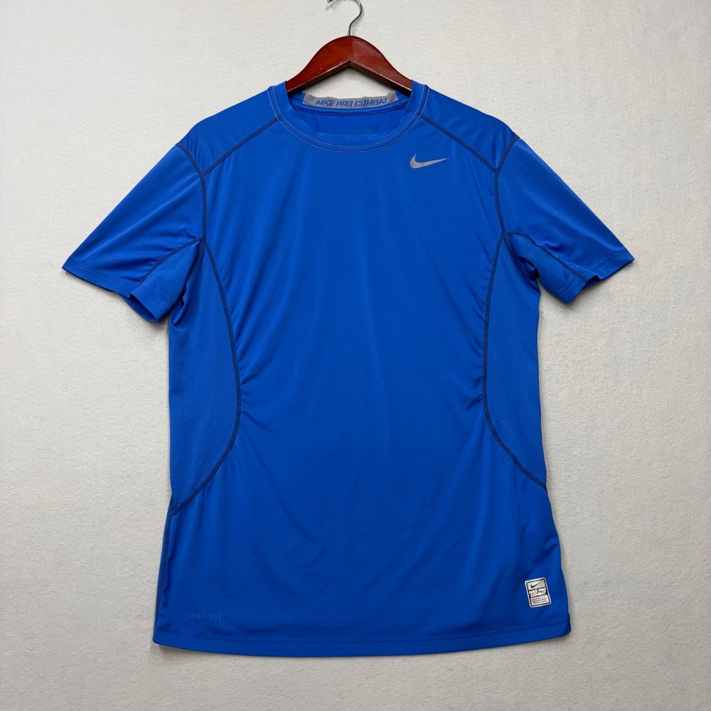 Nike Pro Combat Shirt Mens Large Blue Dri-FIT Fitted Short Sleeve Athletic V45